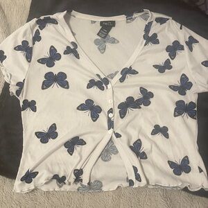 Rue21 Women's White and Blue Butterfly Button Down Shirt